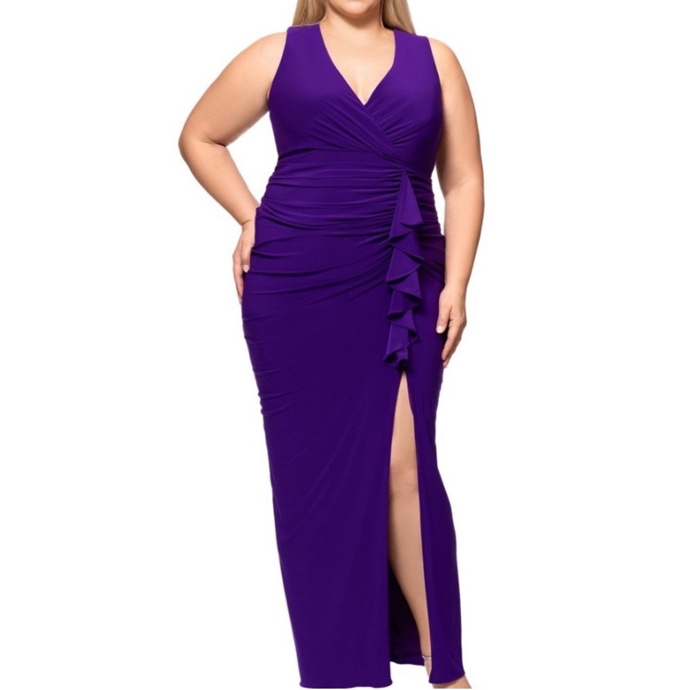 Betsy & Adam Maxi Dress Womens 16W NWT Purple Ruffle Slit Gown MSRP $209